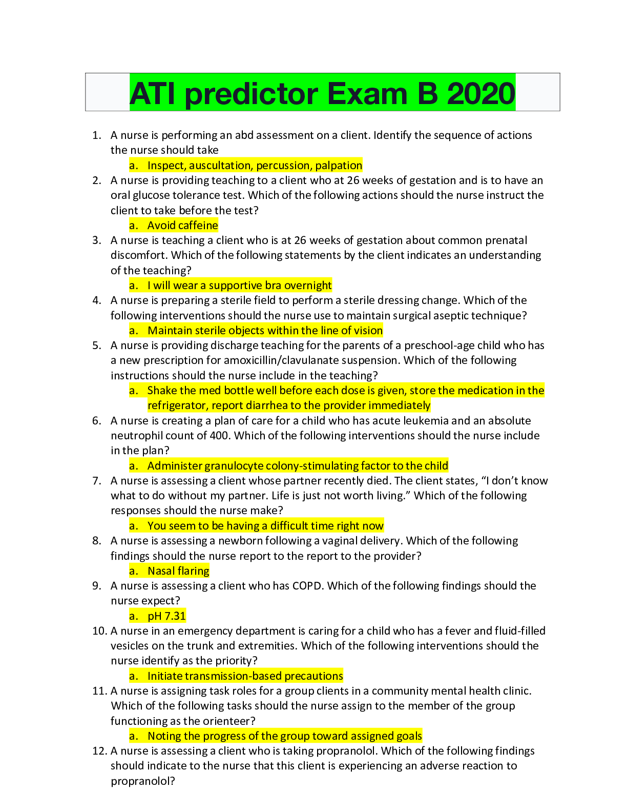 Preview of ATI predictor Exam B 2020